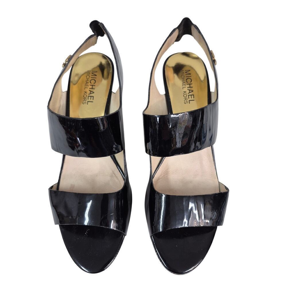 Michael KORS ROCHELLE BLACK PATENT GOLD MK LOGO SLINGBACKS 8M - Picture 2 of 7